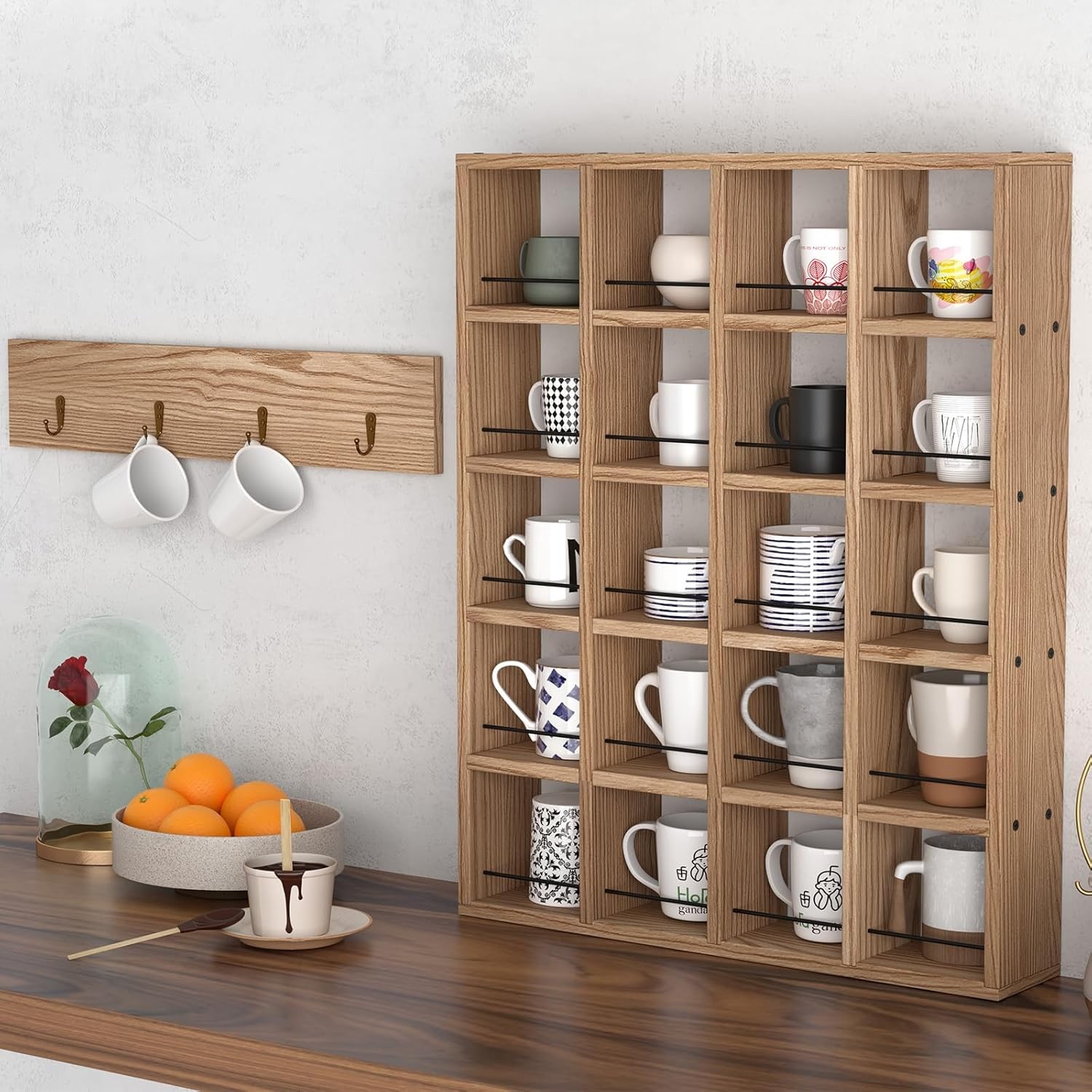 Wooden Coffee Mug Display Rack Wall Mounted Cup Shelf Hold 24 Mugs Decor