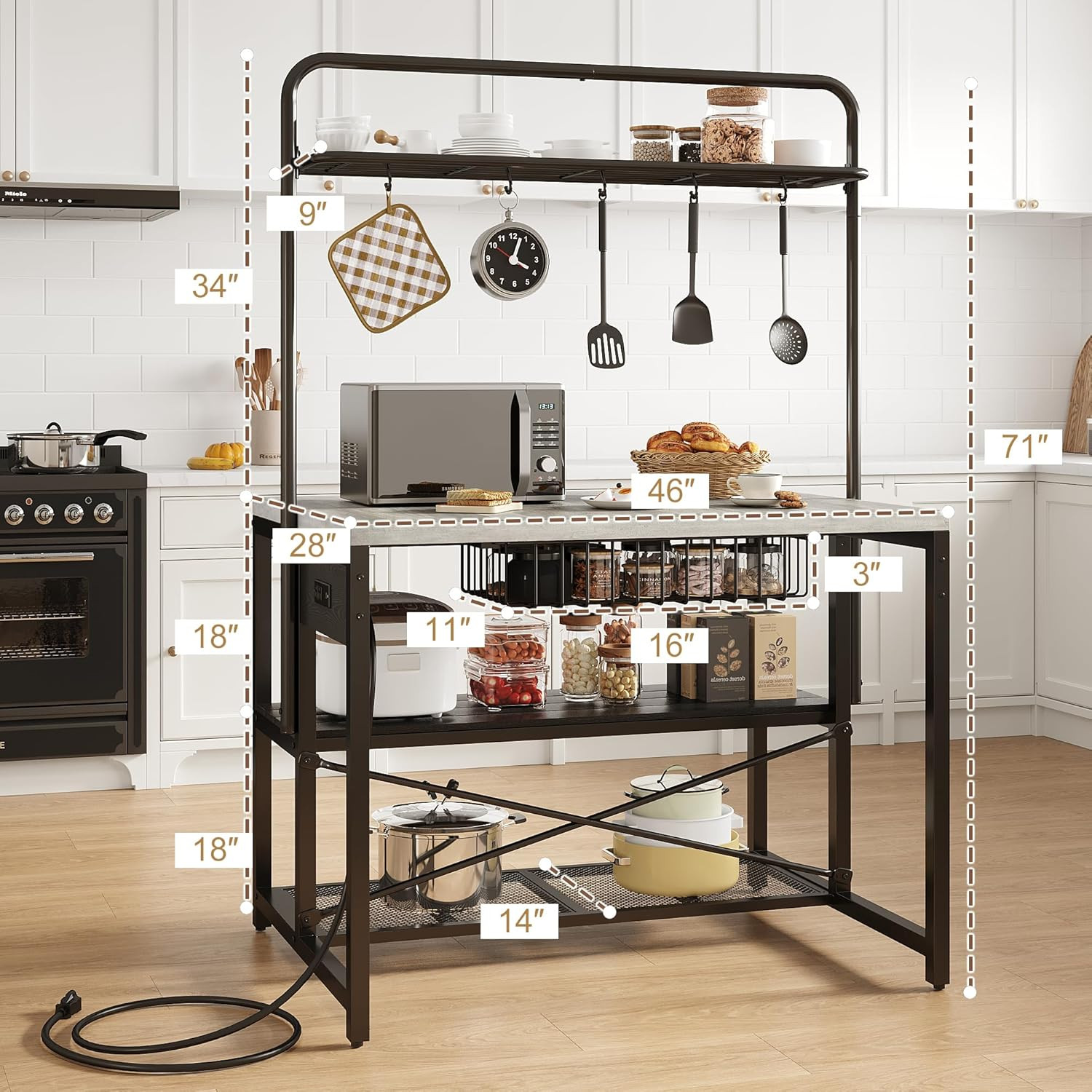 46" Large Kitchen Island Table Baker Rack with Power Outlet and 3-Tier Storage-M