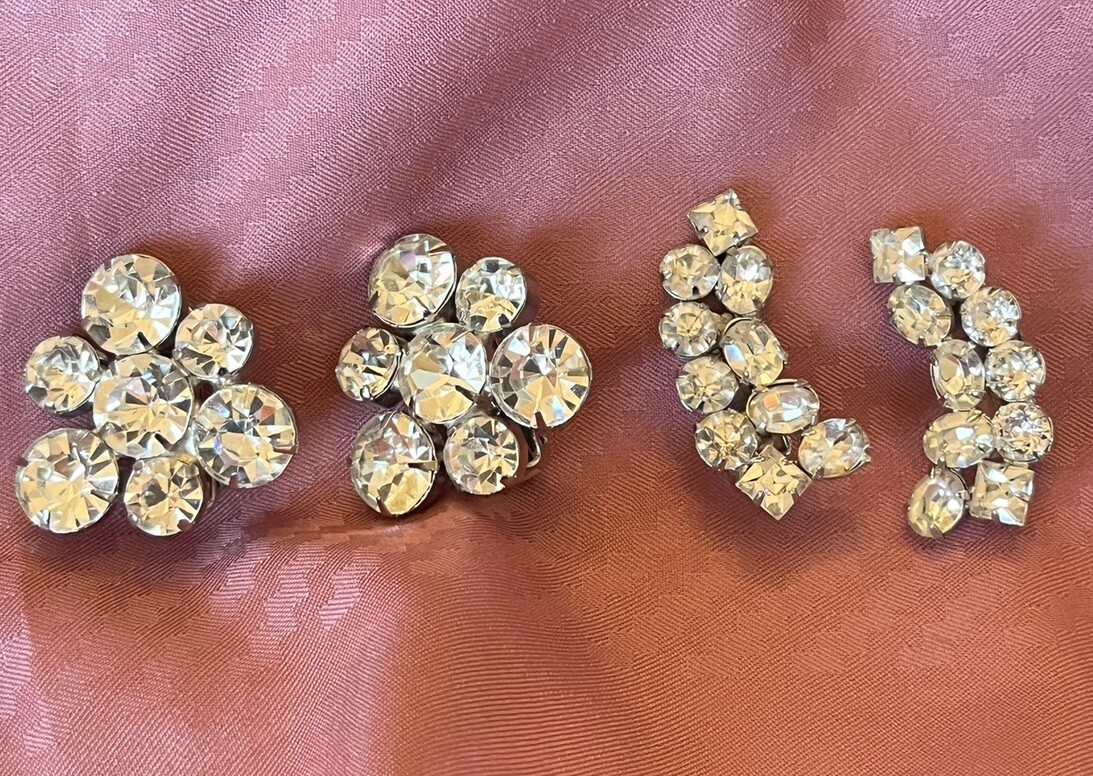 Two Pair Mid Century Clear Rhinestone Statement Earrings