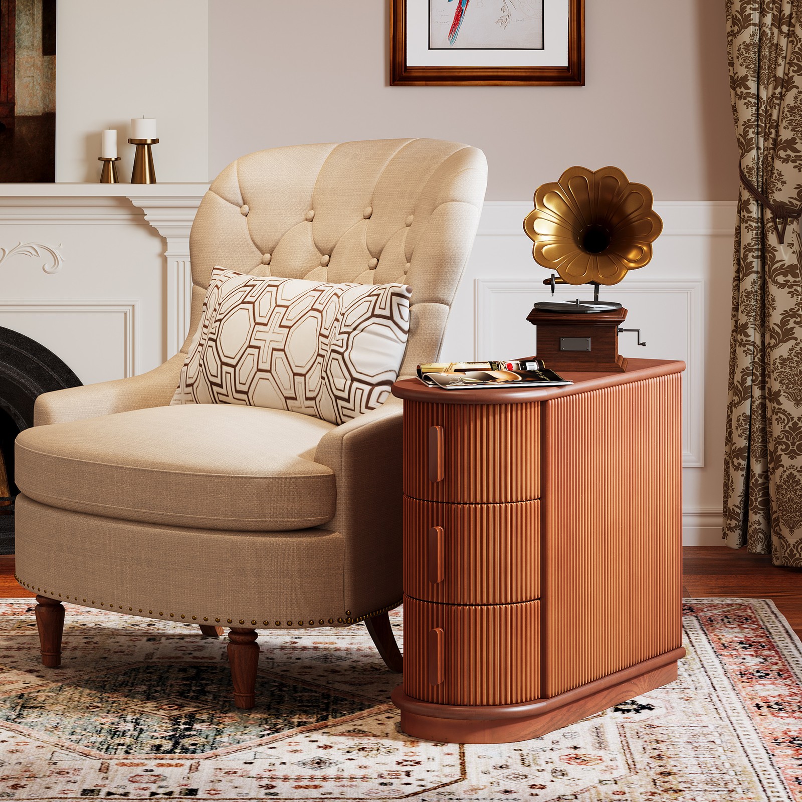 3-Drawer Wooden End Table, Modern Slim Sofa Side Table, No Assembly Required