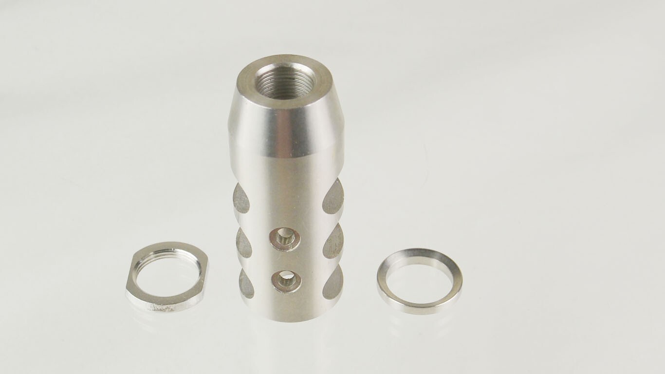Full Size Competition SS Steel Muzzle Brake 1/2x28 TPI For 5.7x28 mm, CW+Jam Nut