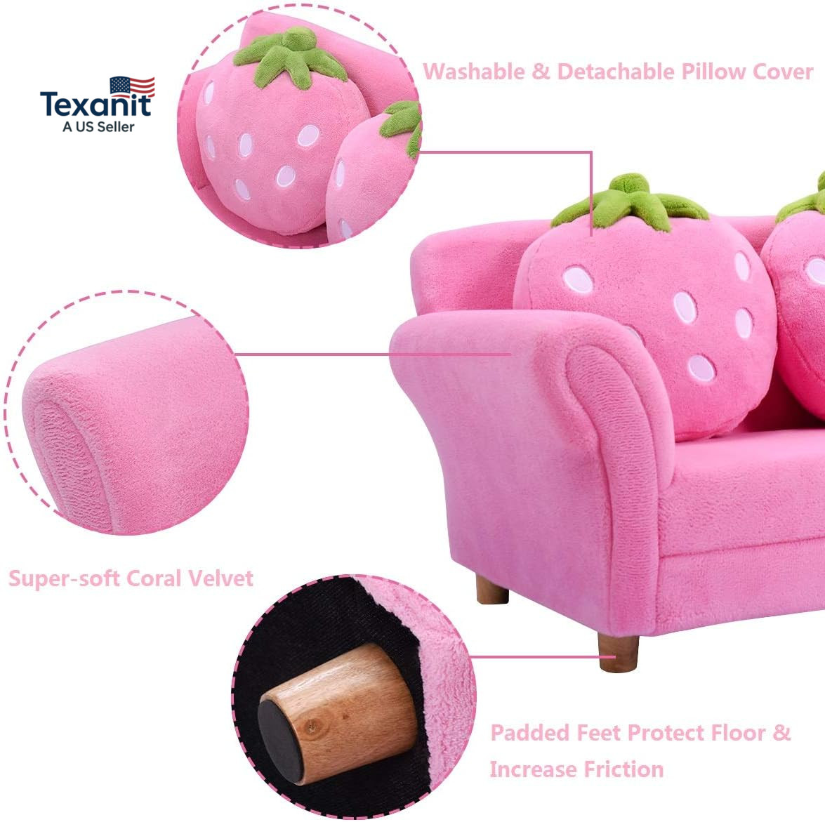 Kids Couch, Double Seat Pink Children'S Sofa with 2 Strawberry Pillows, Toddler