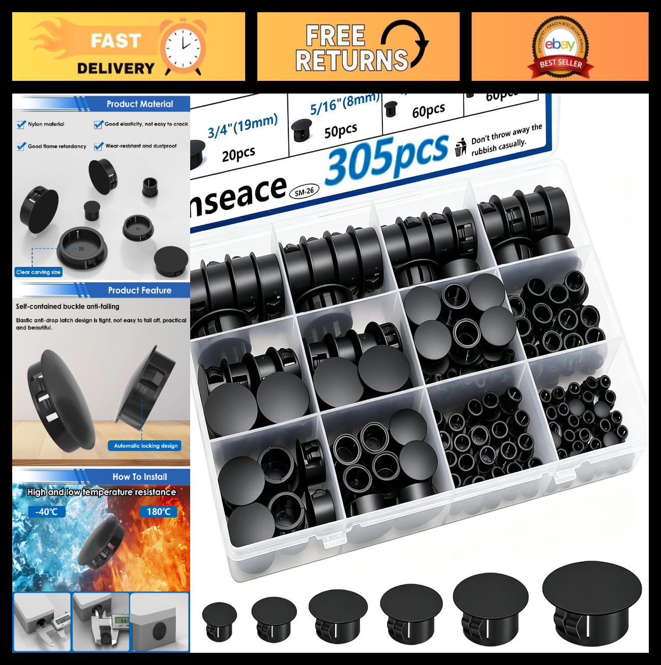 305Pcs Nylon Plastic Hole Plugs - 9 Sizes for Furniture, Cabinet & Kitchen