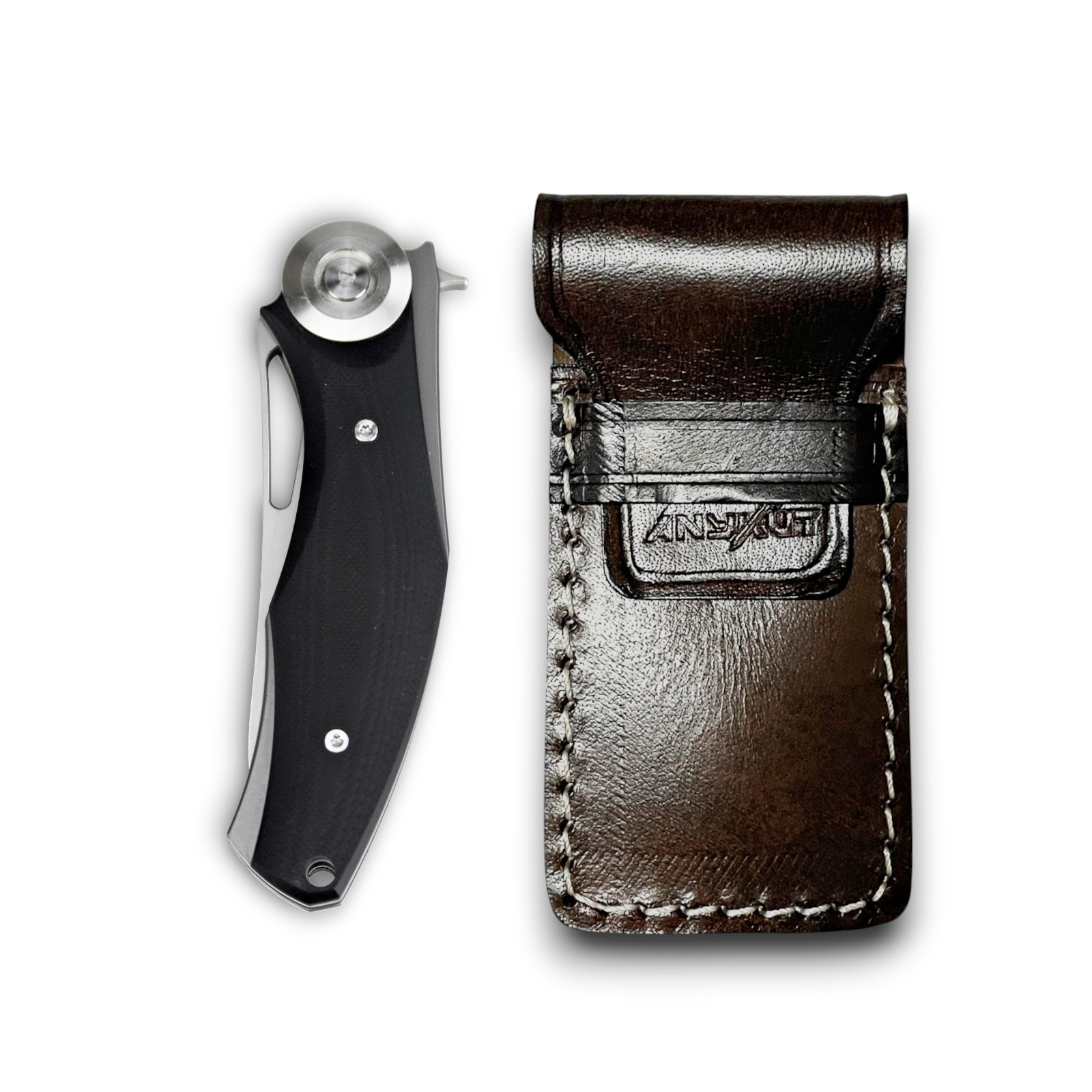 EDC Mini Pocket Knife D2 Blade Black Handle Liner Lock Flipper Leather Case