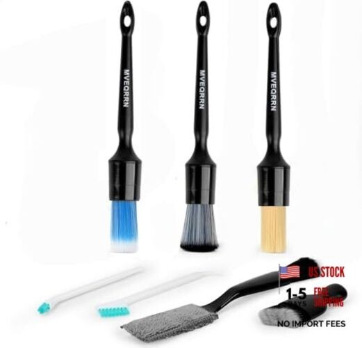7PCS Car Detailing Brush Set,Boars Bristle Car 7pcs detail brush set black