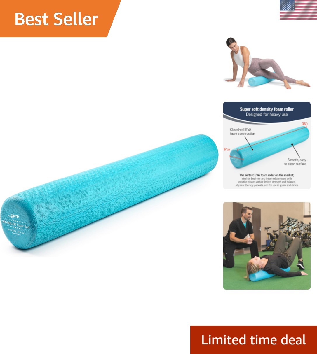 36" x 6" Light Blue Super Soft Foam Roller for Gentle Muscle Massage & Recovery