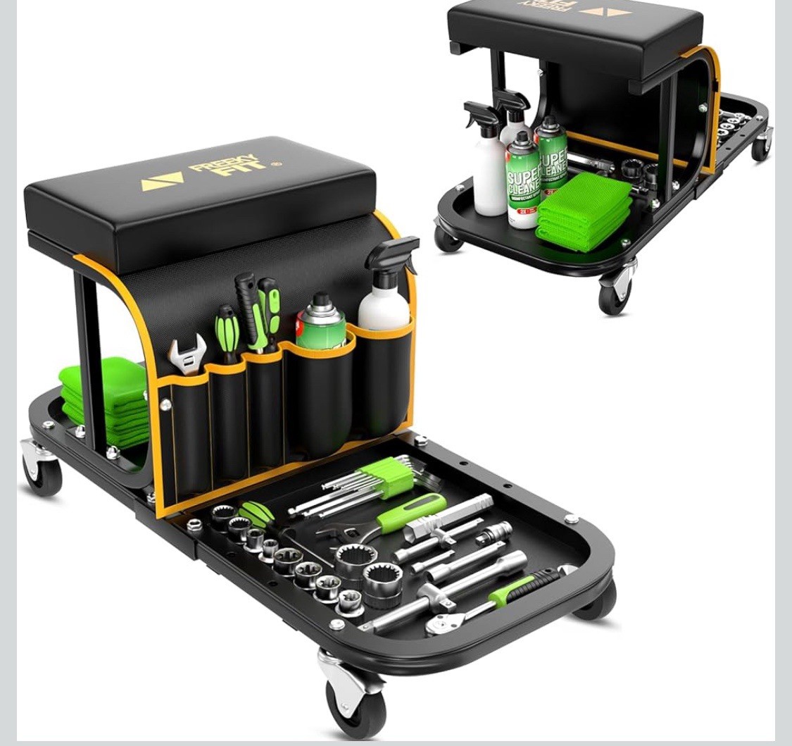 Garage Roller Seat Detail Shop Mechanic Seat 300lb Max, Tool Tray- BLACK/YELLOW