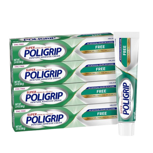 Strong Denture Adhesive Cream - Zinc-Free, Seals Out Food Pack of 4 (2.4oz)
