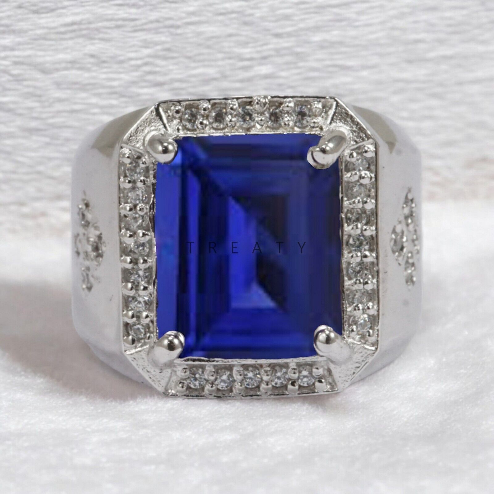 Blue Sapphire Emerald Cut Gemstone With 14K Solid White Gold Ring For Men's #812