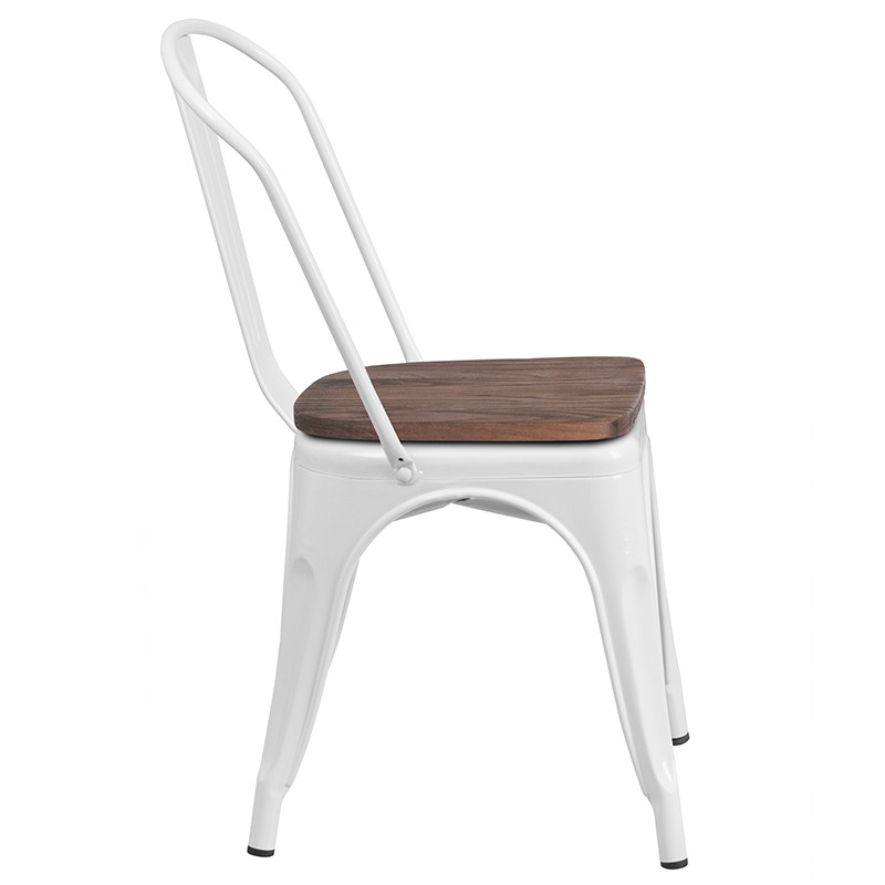 Industrial Style White Metal Stackable Restaurant Chair with Wood Seat