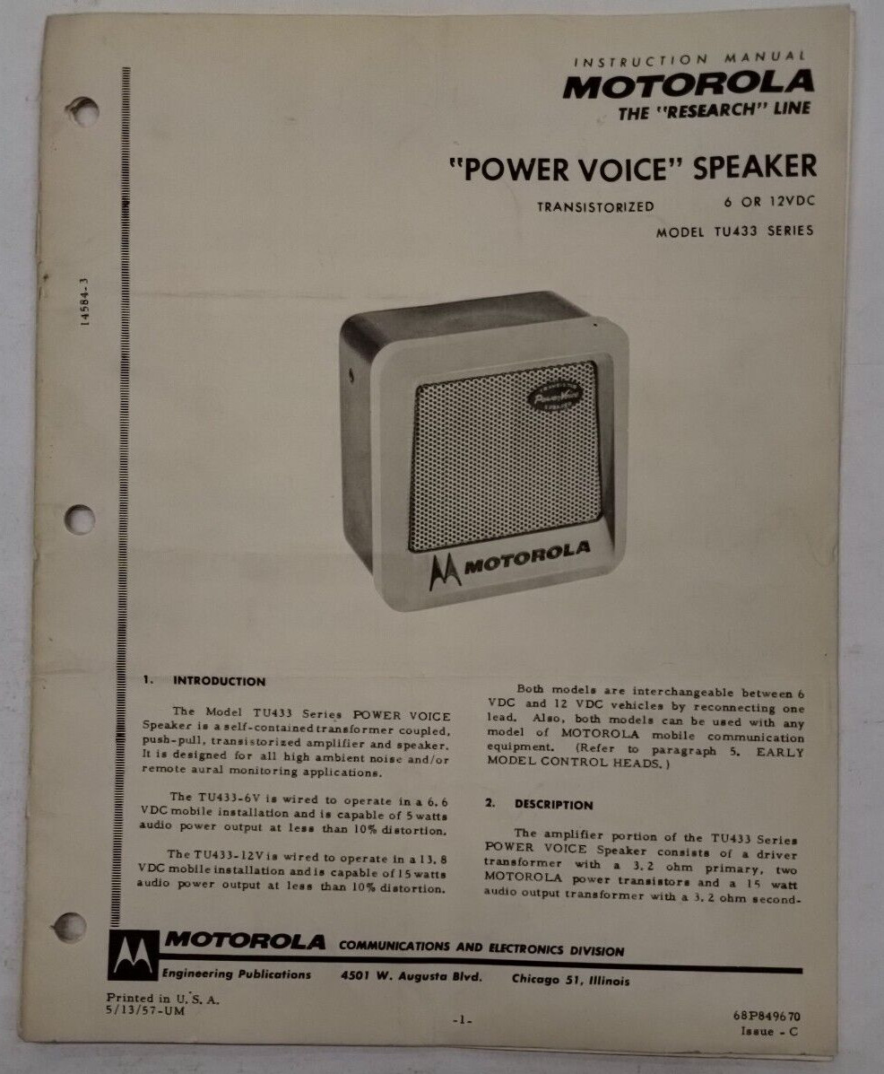 Motorola Model TU433 Series "Power Voice" Speaker 6 or 12VDC Instruction Manual