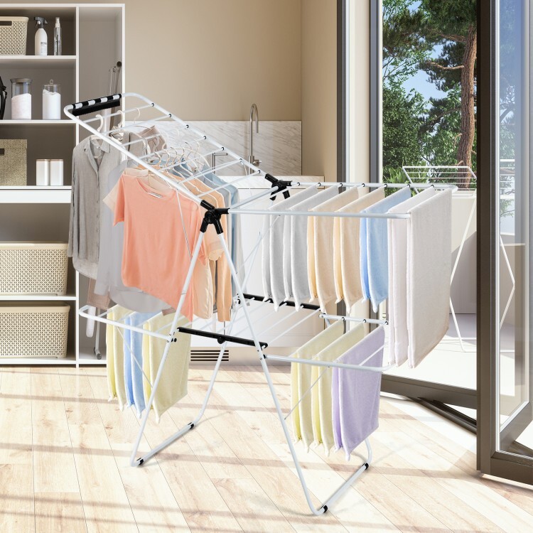 Costway Foldable 2-Level Steel Clothes Drying Rack w/ Height-Adjustable Gullwing