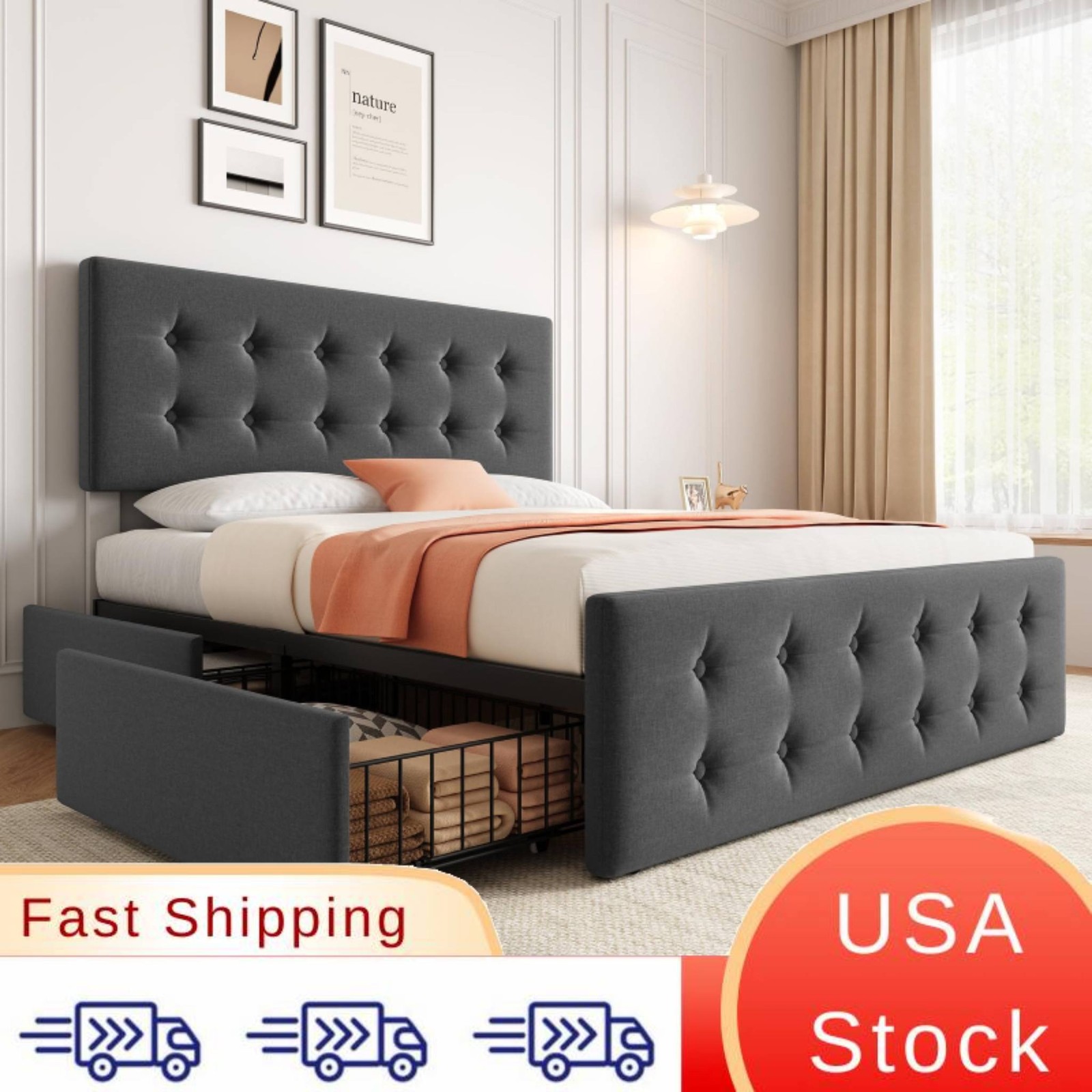 Full Size Bed Frame Dark Grey Linen Upholstered Platform Bed Frame, Button Tufte