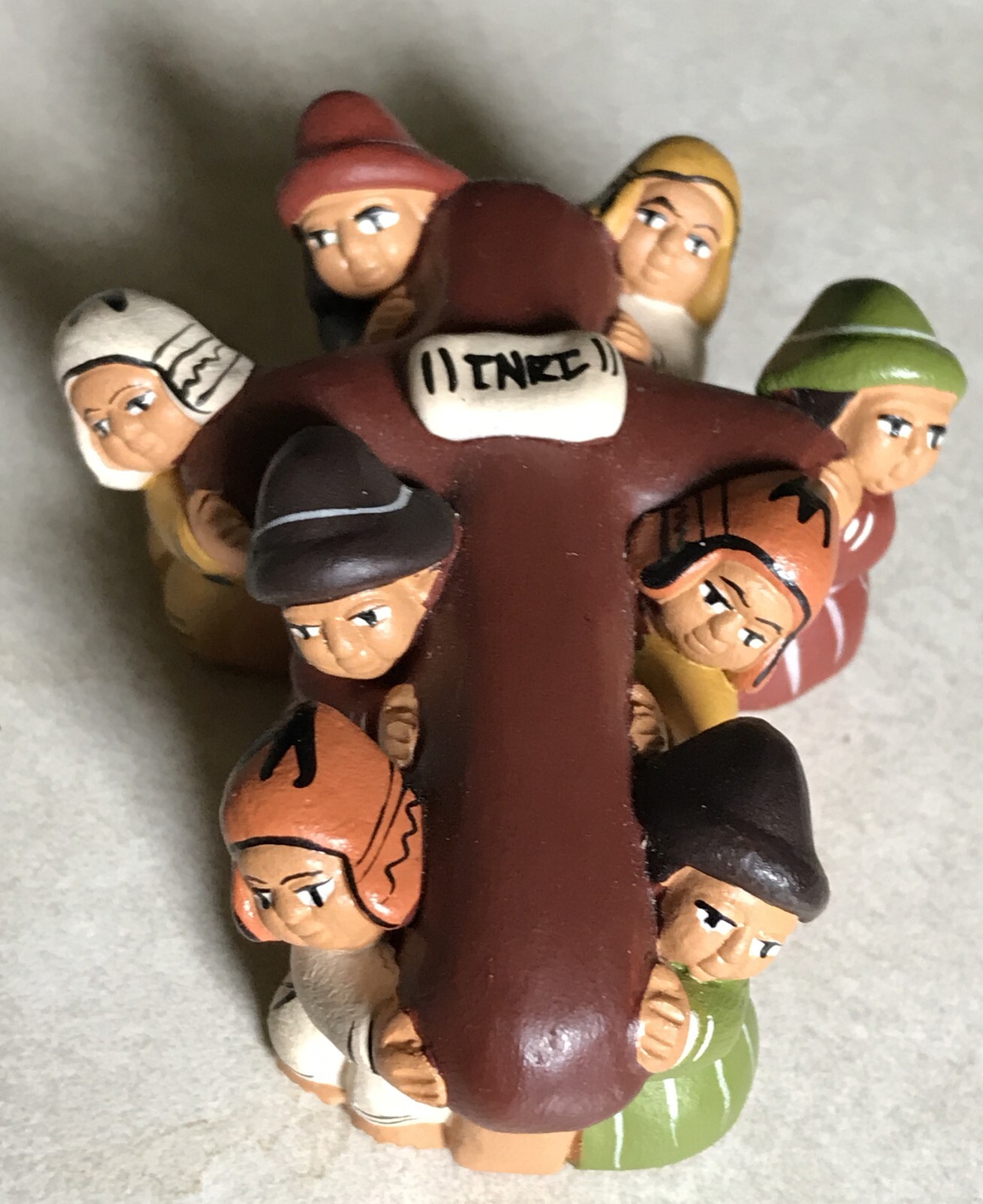 Peru Clay Figures Carrying Crucifix Cross Ethnic Handmade Religious Folk Art