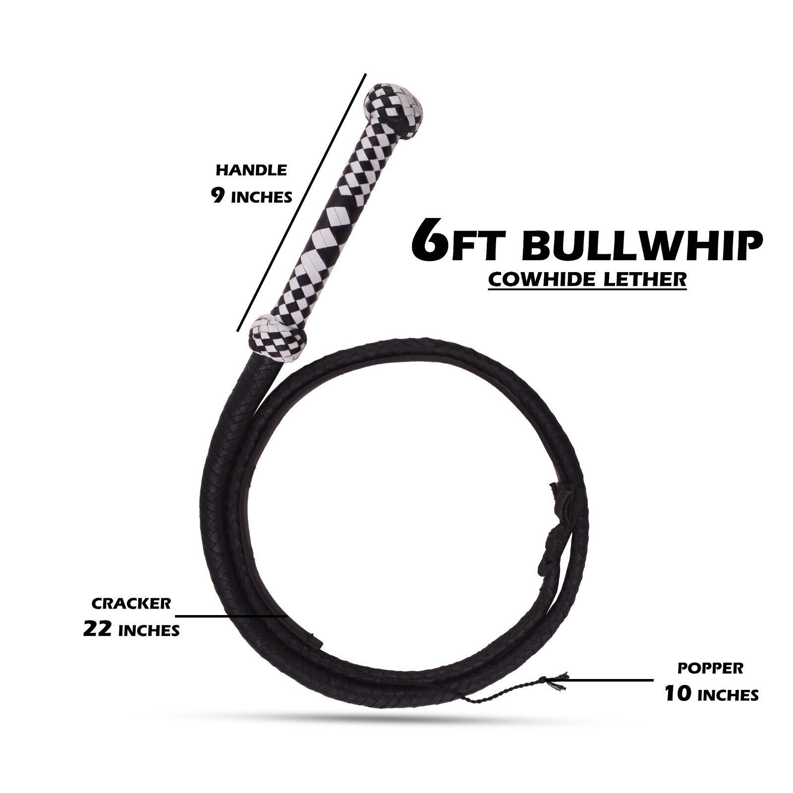 Black Rope Core Whips-6ft Handmade Cowhide Leather Equestrian Bullwhip for Adult
