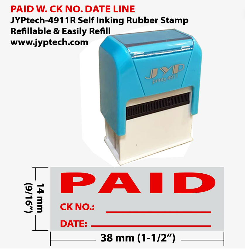 Paid w. CK No. Date Line JYP 4911R Self Inking Rubber Stamp (Red Ink)