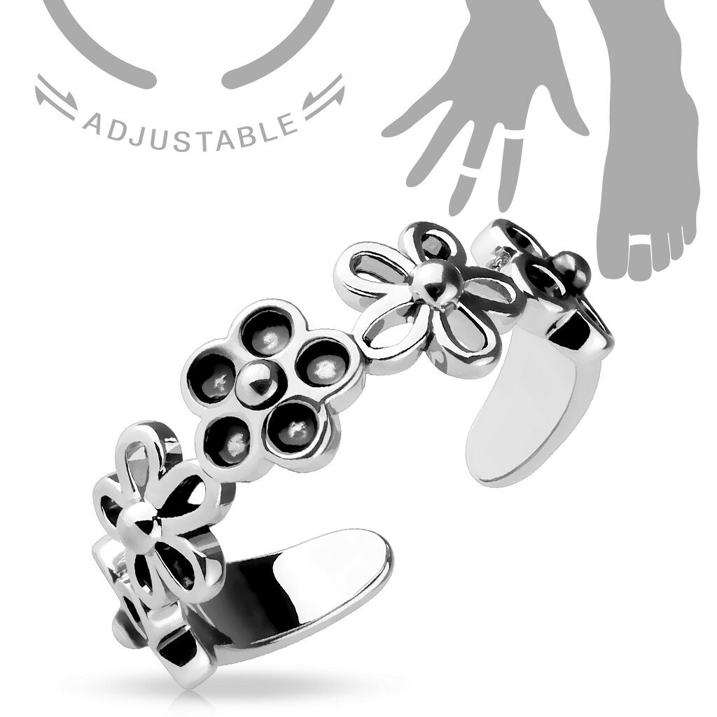 Silver Toe Ring or Mid Ring - Linked 5 Petal Flowers
