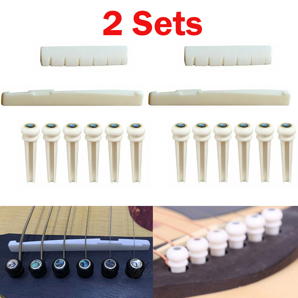 2 Set Of Cattle Bone Guitar Saddle Nut Pins String Peg Acoustic Bridge Luthier