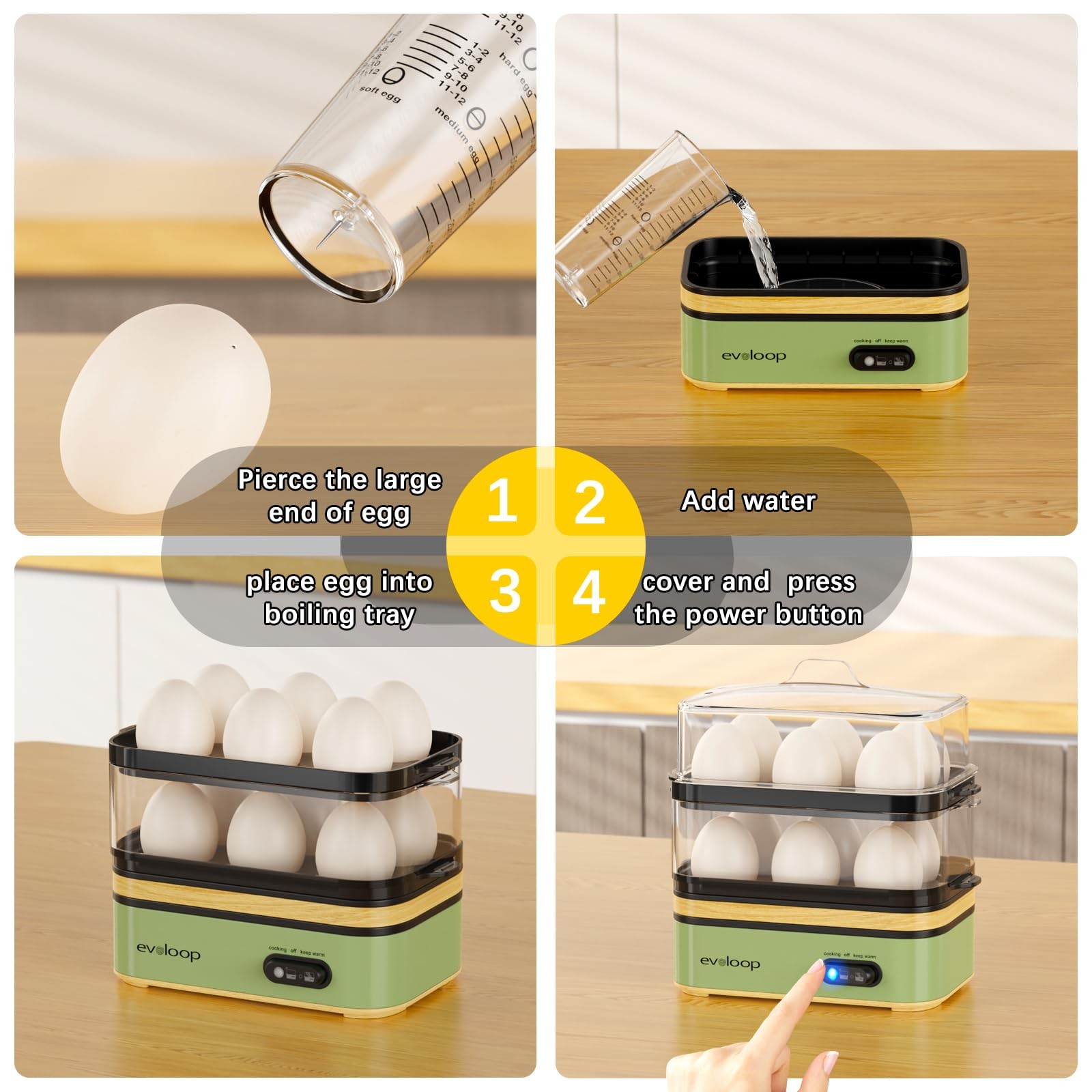 Evoloop Rapid Egg Cooker Electric 12 Eggs Capacity, Soft, 5*7*8, Green