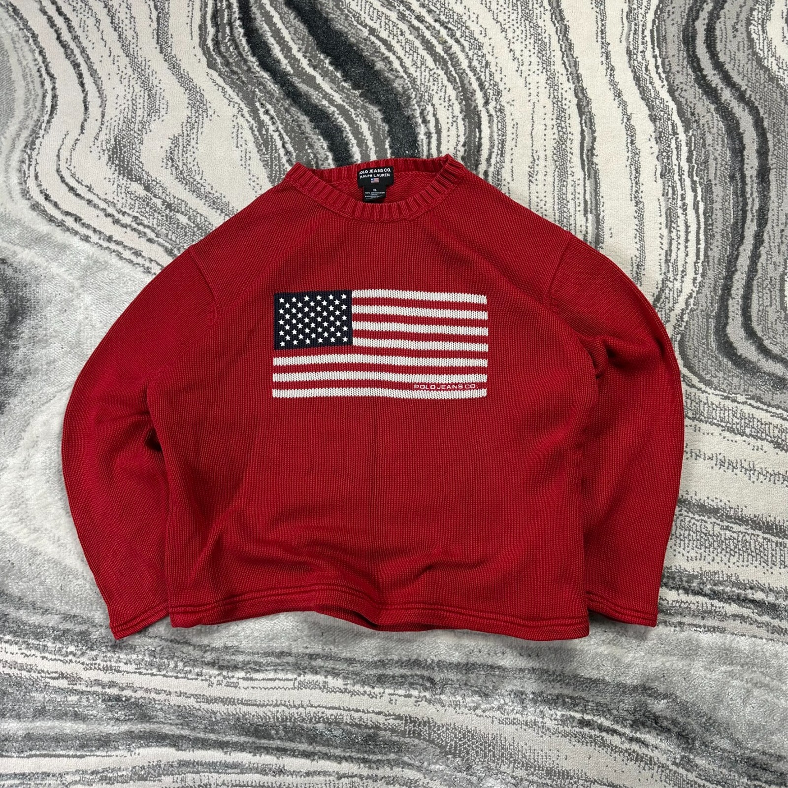 Women's VTG Ralph Lauren 90's Polo Jeans USA Flag Red 3/4 Sleeve Knit XL Jumper