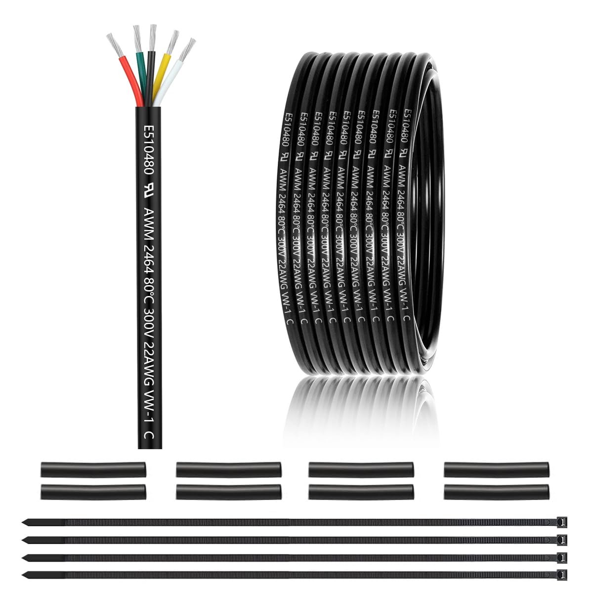 22 Gauge 5 Conductor Electrical Wire 25FT, UL 2464 22 AWG 5 Black