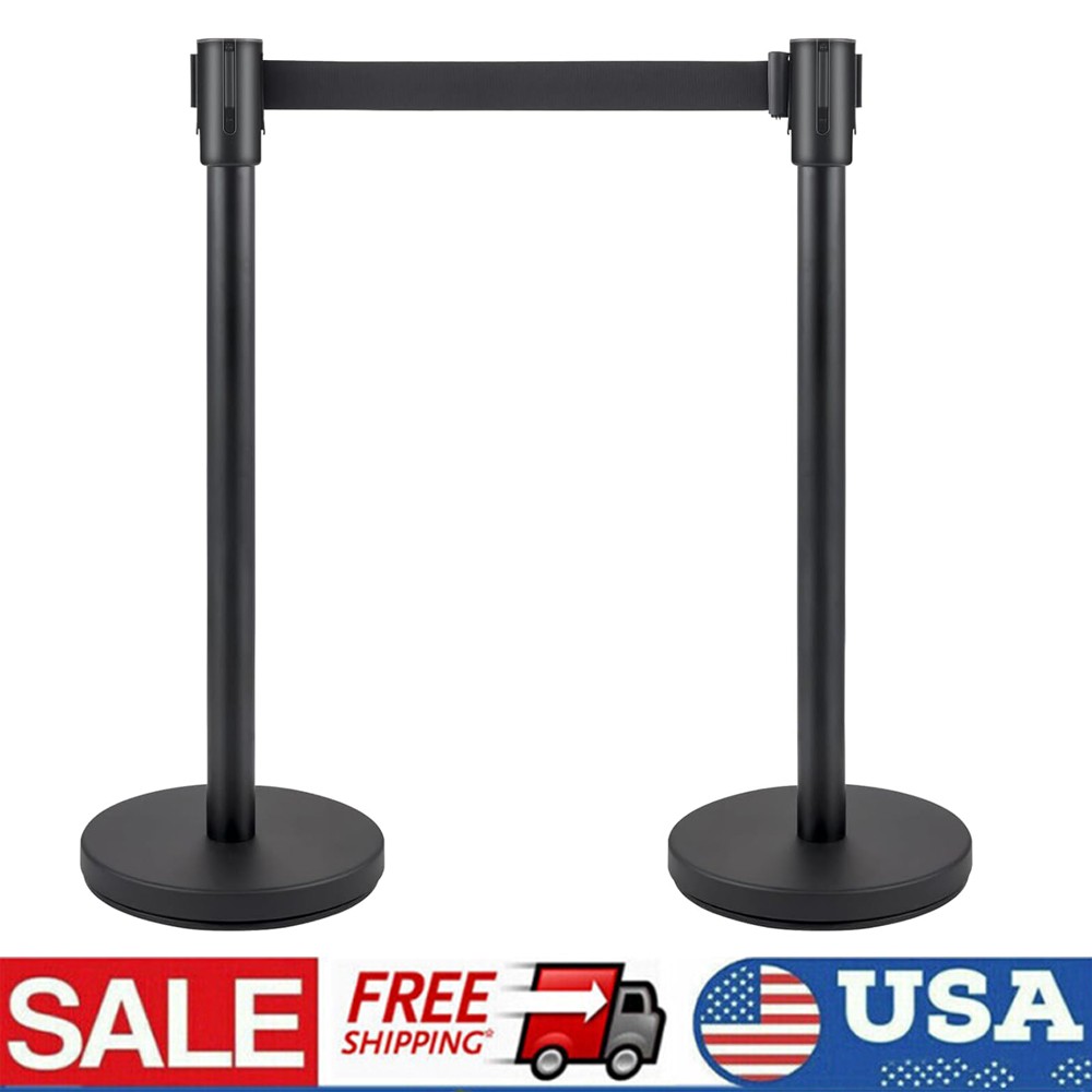 2x Crowd Control Barrier Queue Poles Black Retractable Belt Stanchion Posts