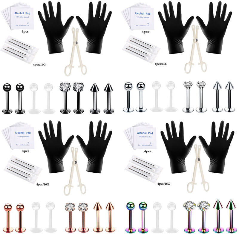 19PCS 16G Pro Piercing Kit Stainless Steel Labret Studs Monroe Lip Ear Ring