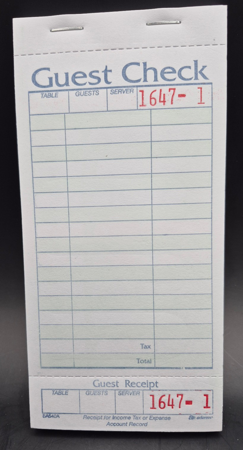 Guest Checks Book of 50 Vintage Retro Style Diner Restaurant Lined Paper