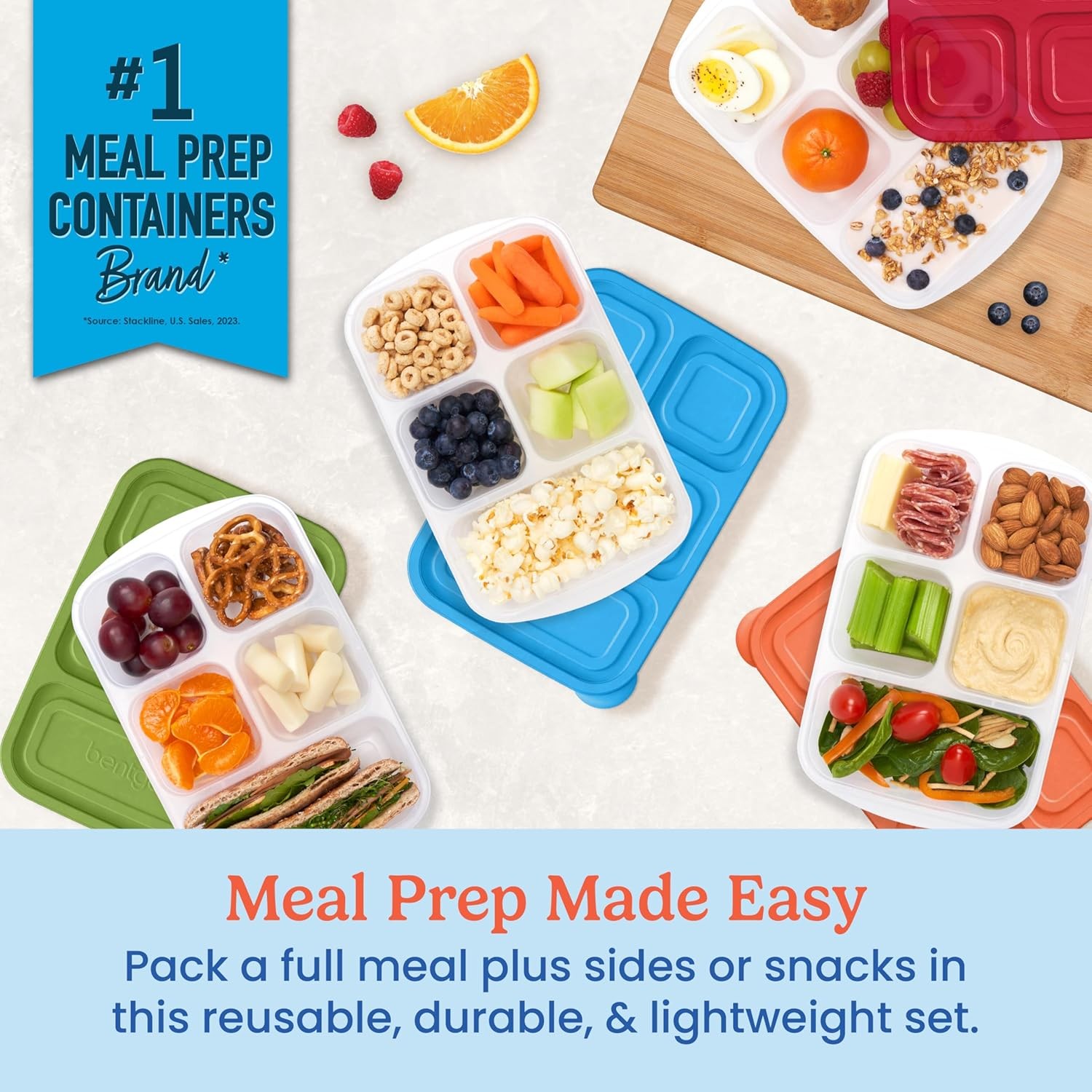 Reusable 5-Compartment Food Containers, Stackable 8-Piece Set, 4 Trays & 4 Lids