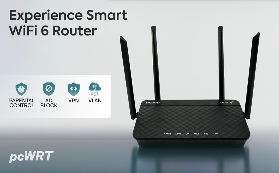 pcWRT Gigabit VPN Mesh Router with multiple SSIDs, ad block, parental controls