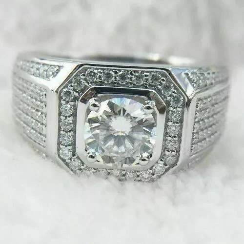 Lab-Created 2.10Ct Round White Diamond Men's Engagement Ring 925 Sterling Silver