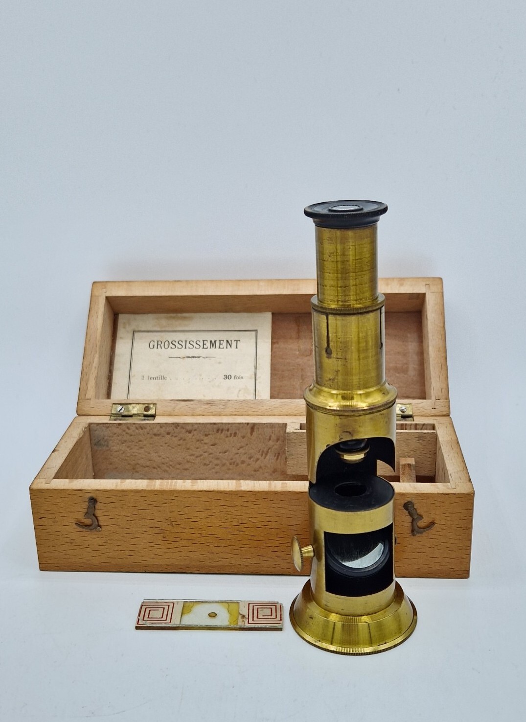 c1900 German Brass Portable Pocket Microscope in Original Wooden Box & One Slide