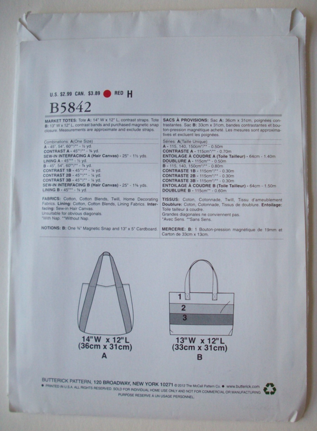 Maret totes bags craft pattern 5842 UNCUT