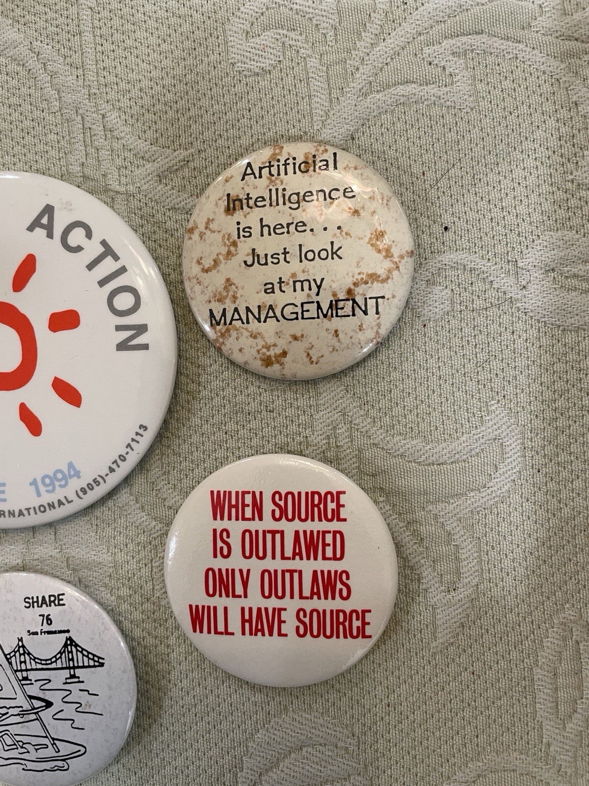 Lot of 6 - Vintage 1990’s - Computer Tech IT Related Button Pins Share/User
