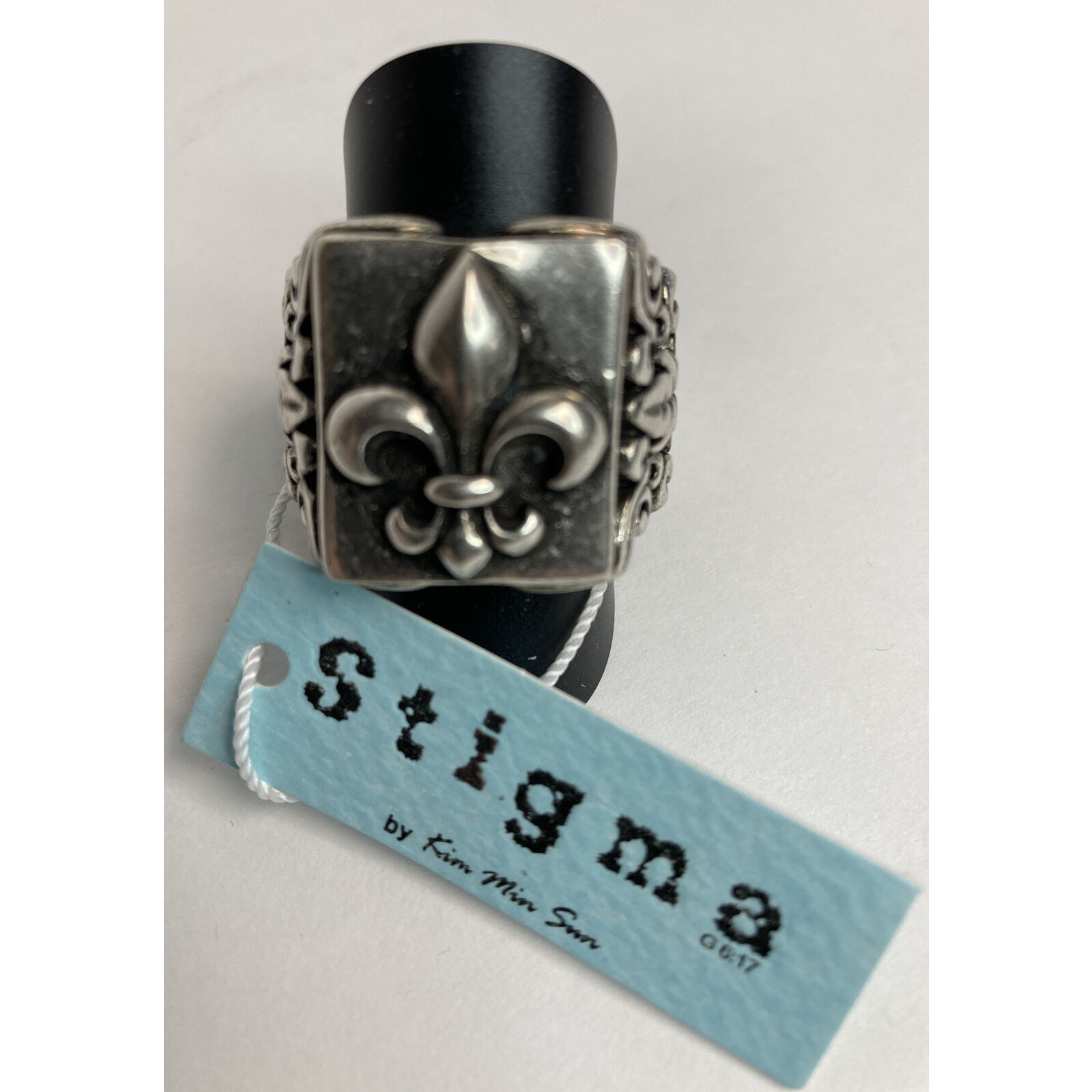 Stigma Mens Ring Silvertone Black Fleur de Lis Wide Jewelry Size 10