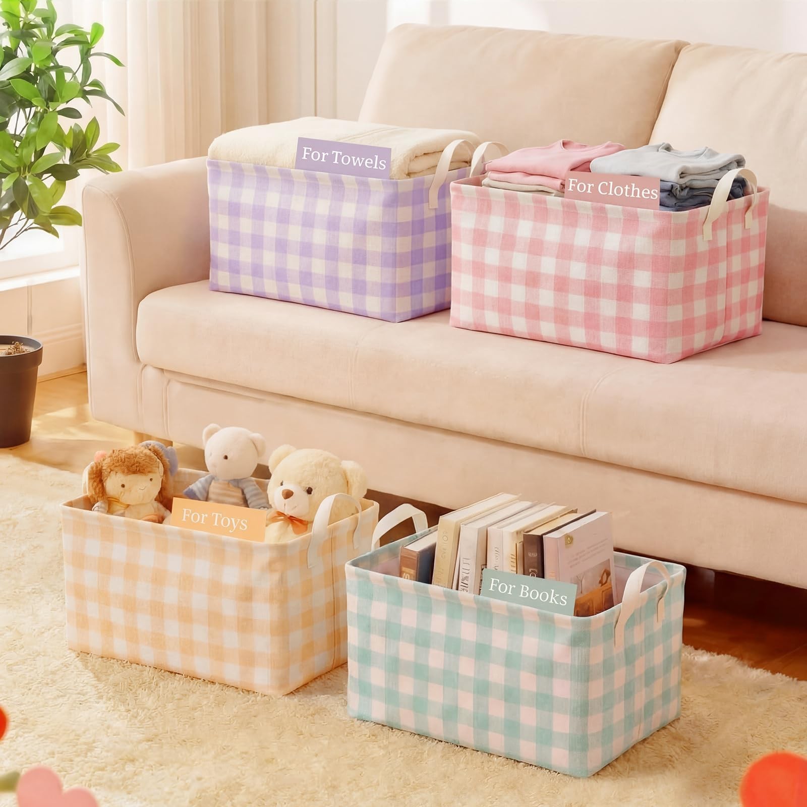 6 Pack Plaid Canvas Baskets Rectangular Storage Bins Collapsible Decorative O...