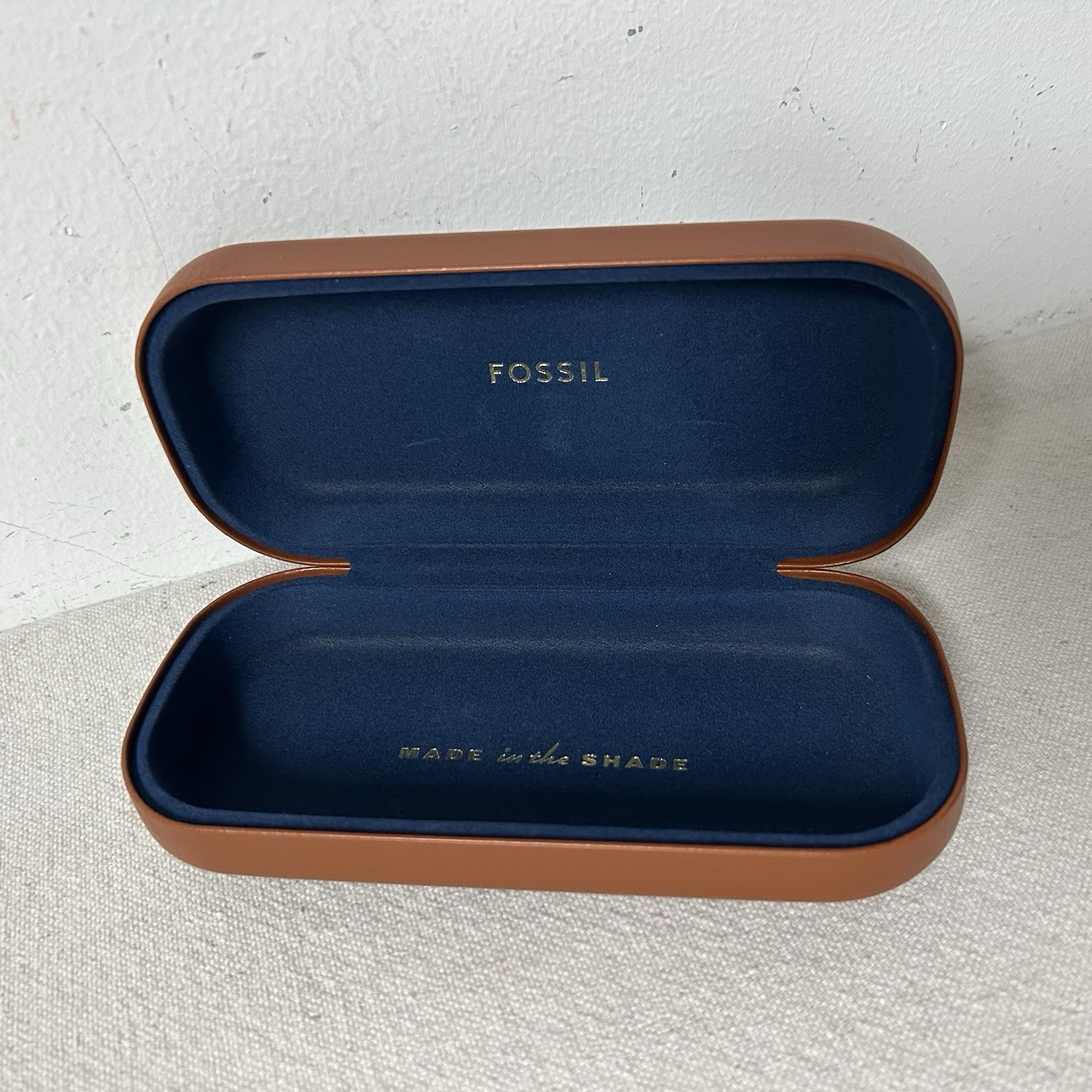 Fossil Sunglasses Case Brown Faux Leather Blue Felt Lining Hard Clam Shell