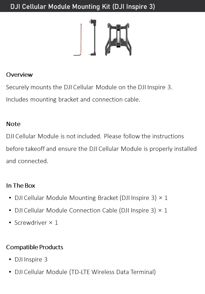 Original DJI Inspire 3 Cellular Module Mount Kit –Bracket & Cable Kit for TD-LTE