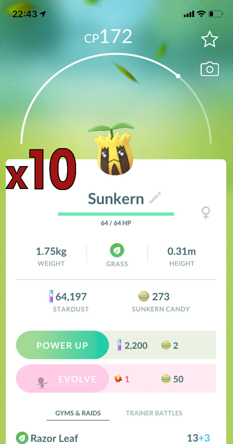 10x Sunkern Pokemon Bundle !! Good Chance of Lucky and Good IVs !! Go
