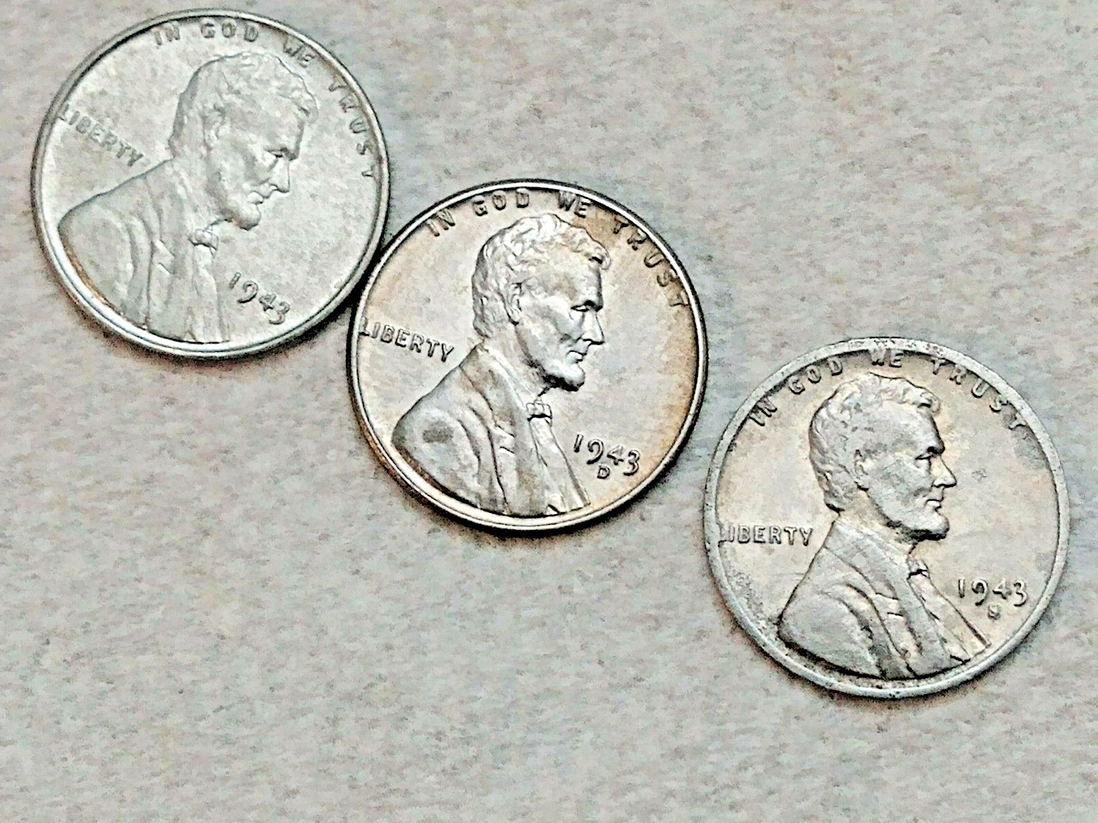 1943 P D S Lincoln Steel Wheat Cent Penny Set of 3 Coins Lot # 02 - 50 - 100