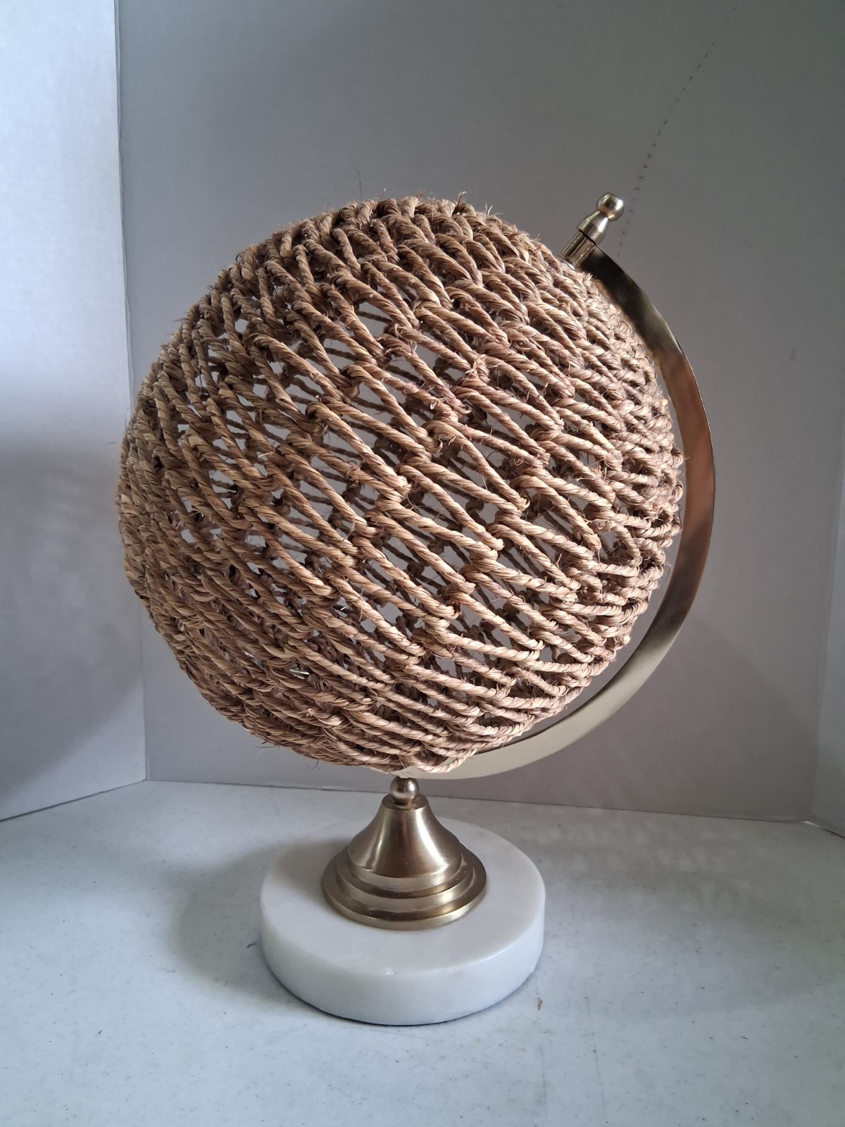 "HomeRoots" Natural JUTE Globe Sphere w/Metal Gold Tone Accents;Marble Base; 15"