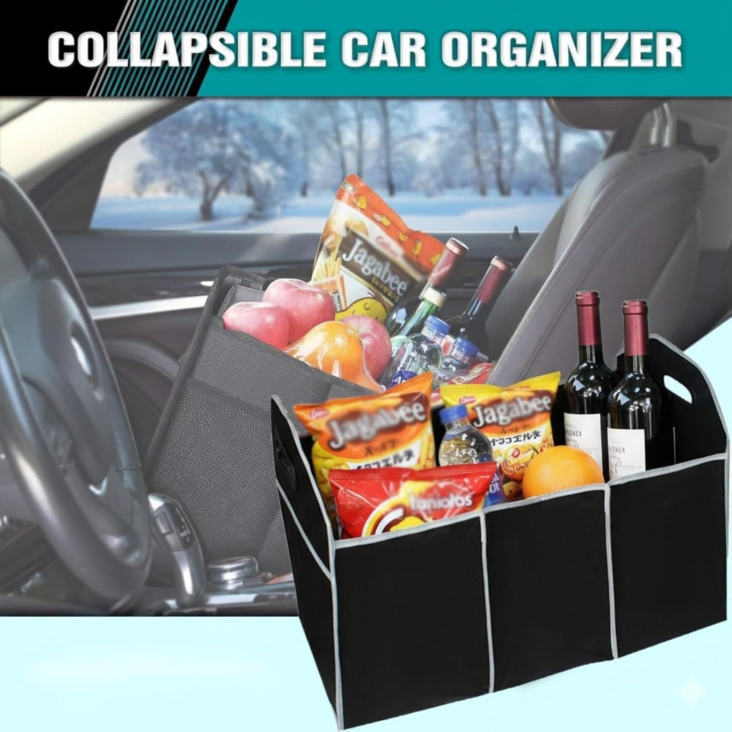 Car Trunk Organizer, Large Storage Bag with 3 Compartments, Portable Collapsible