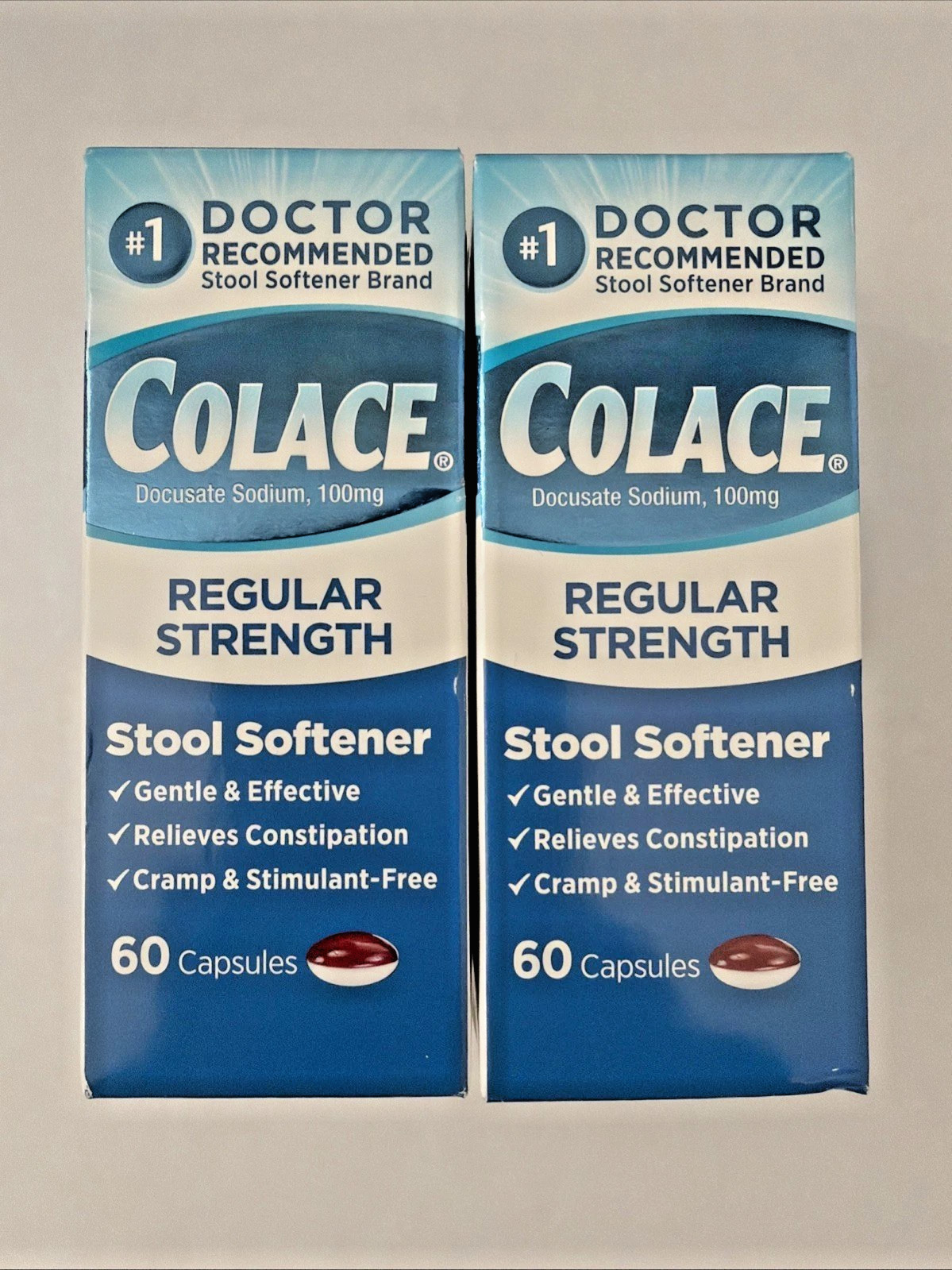 (2)Colace Regular Strength Stool Softener 100mg 120 Caps exp 10/2027 box damage
