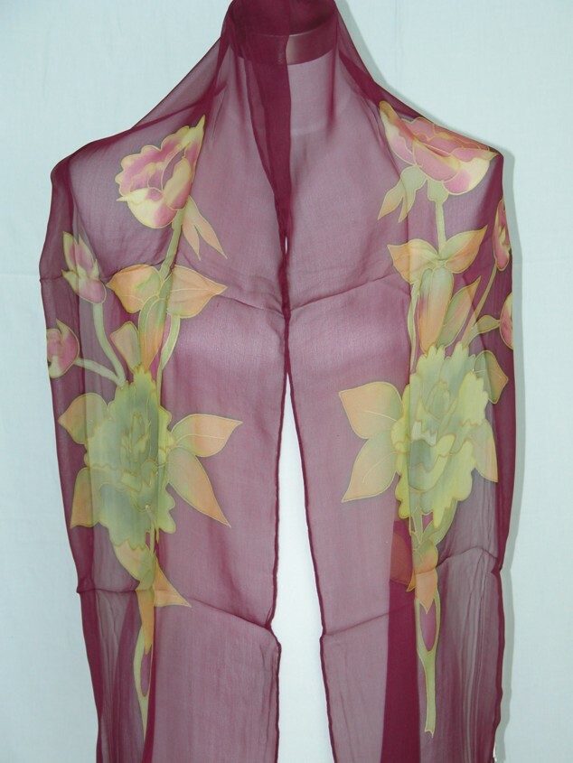 New 100% Silk Oblong Scarf Golden Flower Burgundy - AL12