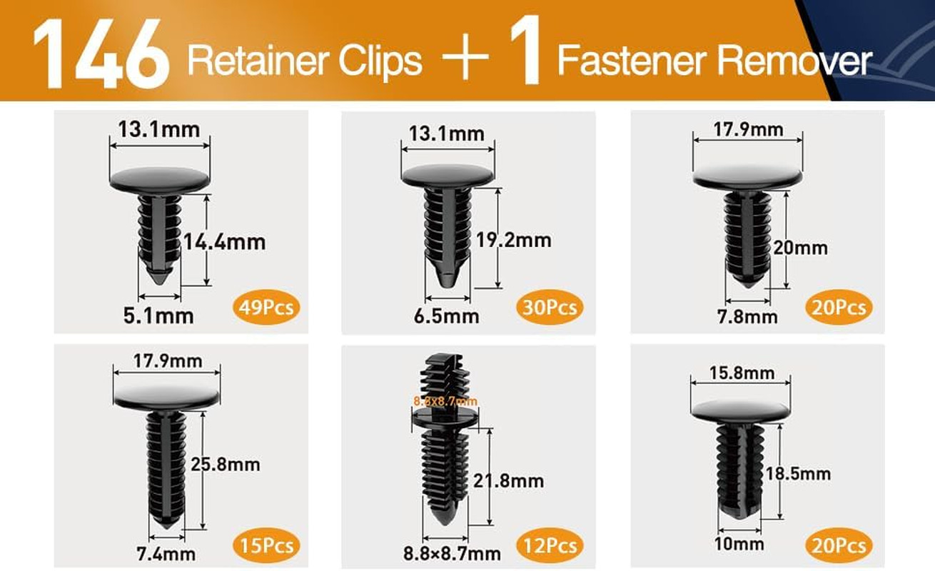 146PCS Nylon Bumper Shield Retainer & Double End Xmas Tree Retainers Clips Unive
