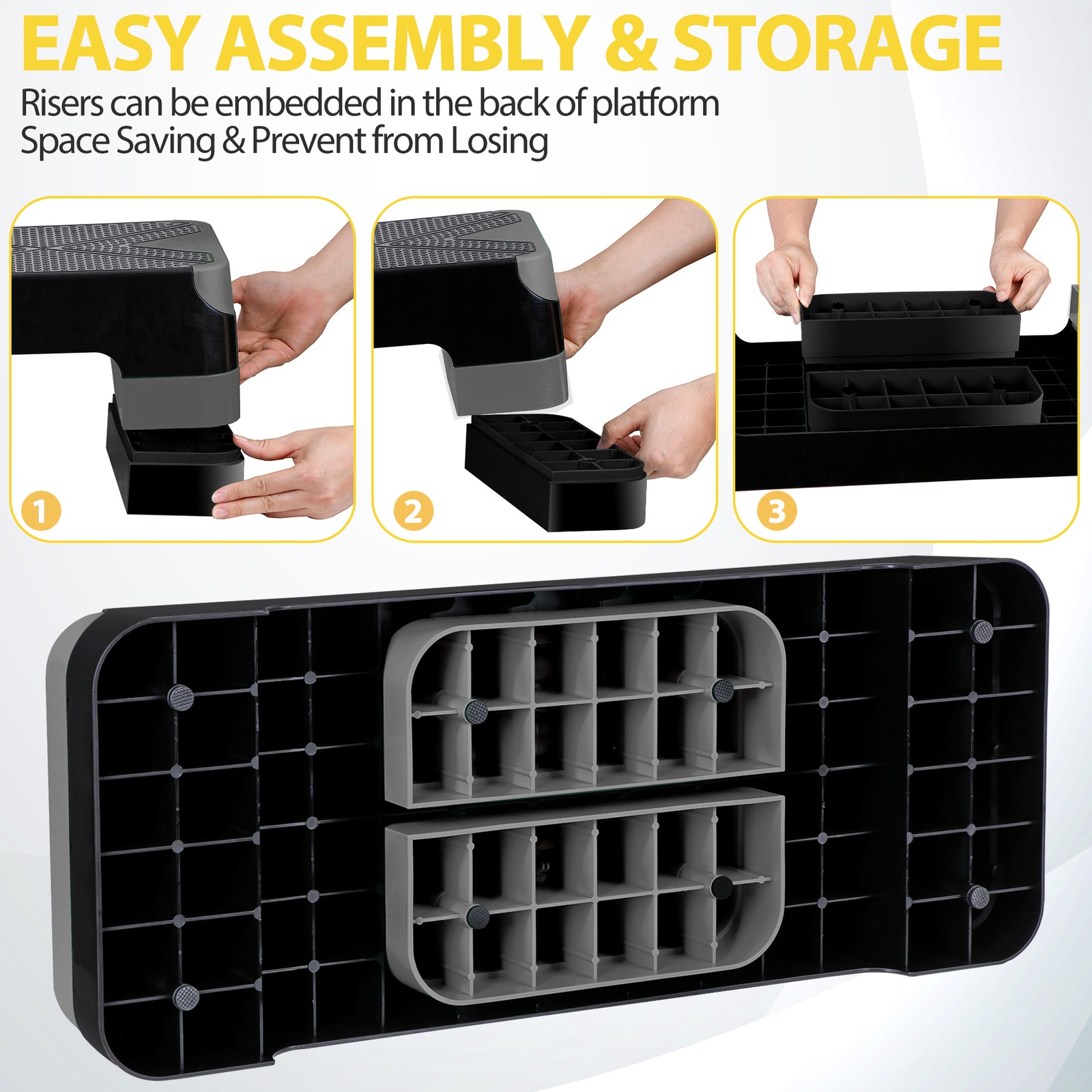 Aerobic Step Platform Exercise Step Adjustable Height 4"-6''-8' w/4 Risers Grey