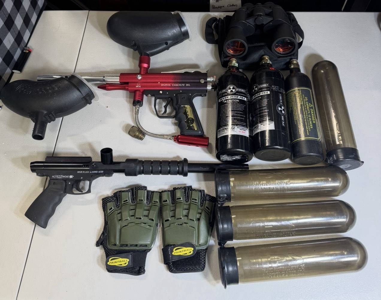 Paintball Bundle – 2 Guns, CO2 Tanks, Hoppers, Binoculars, Gear