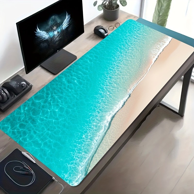 1pc Large-sized Esports Gaming Mouse Pad with a Blue-green Beach Wave and Natur