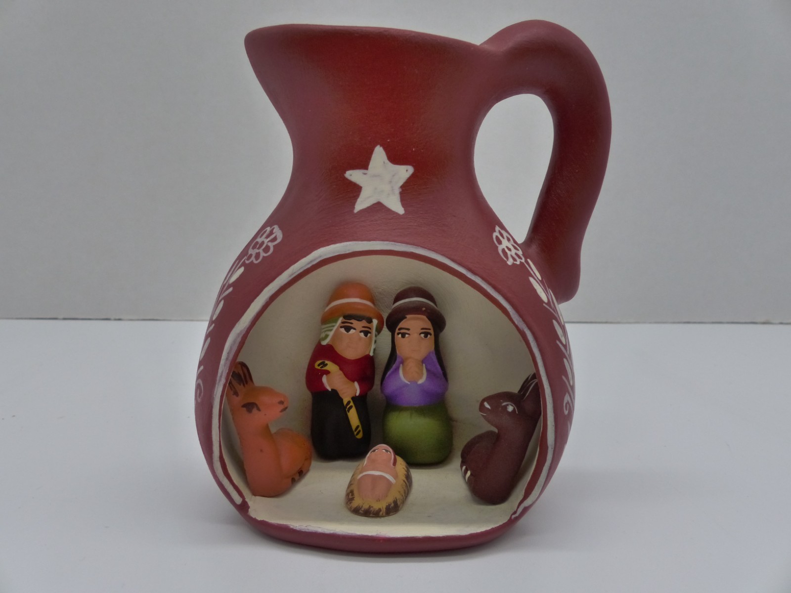 Small Peruvian Terra Cotta Clay Pottery Jug Nativity Scene With Llamas