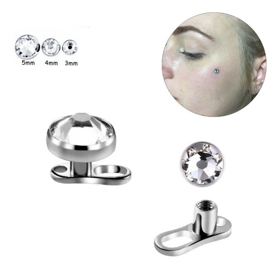 16G CLEAR FLAT CZ 3,4,5MM Flat STEEL DERMAL ANCHOR TOP HEAD internally threaded